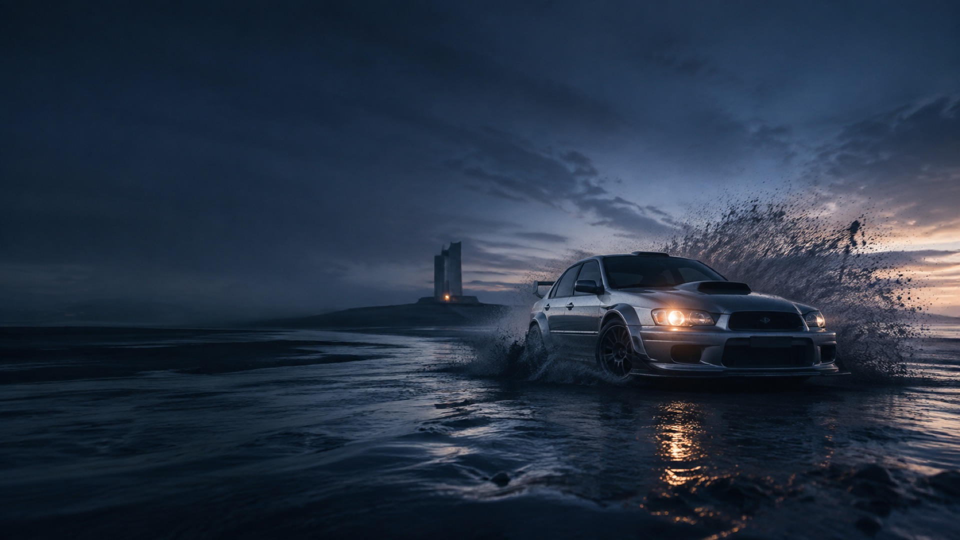 Silver rally car crossing a dark shoreline at blue hour