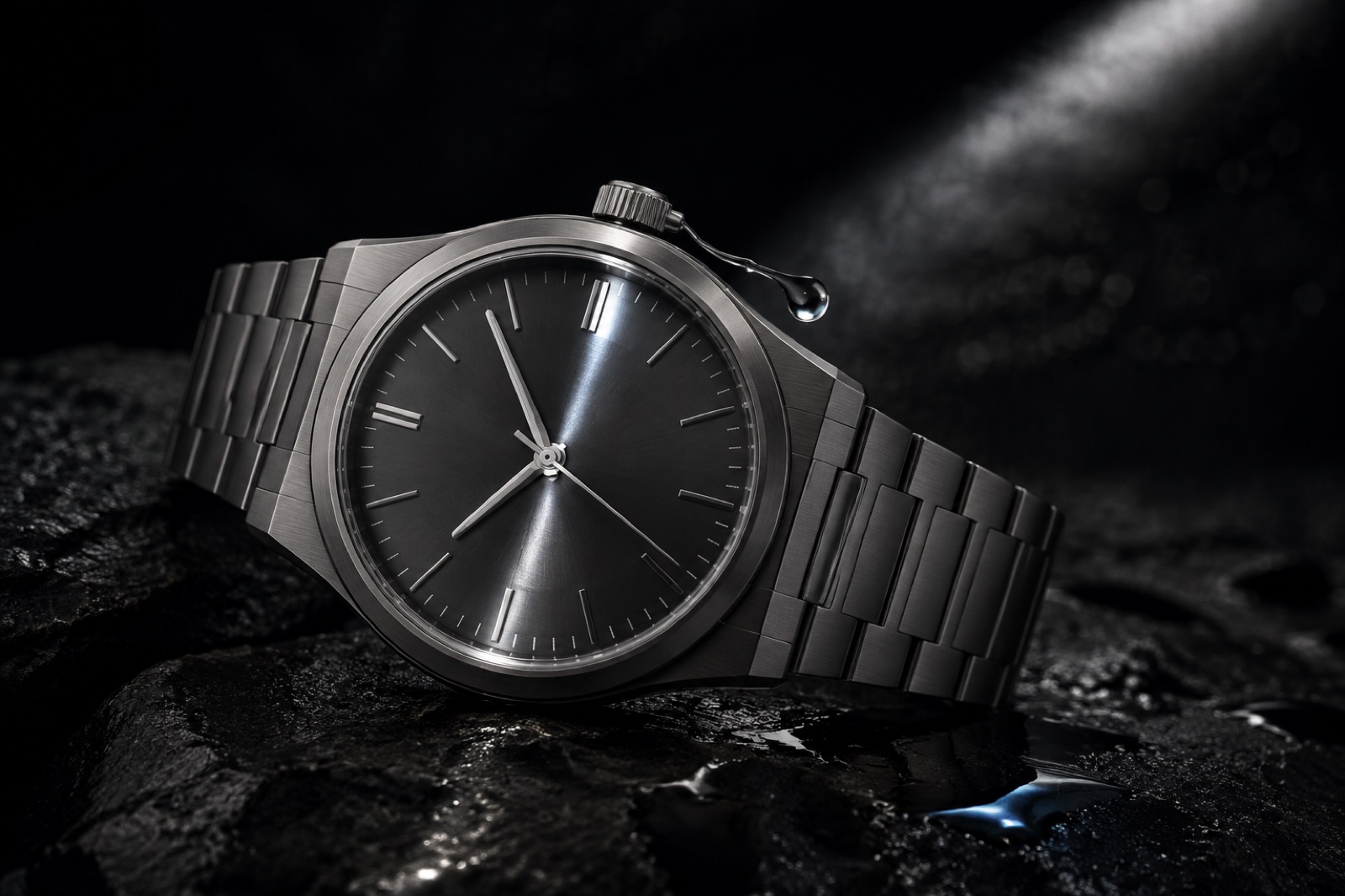 Unbranded titanium watch on wet volcanic stone