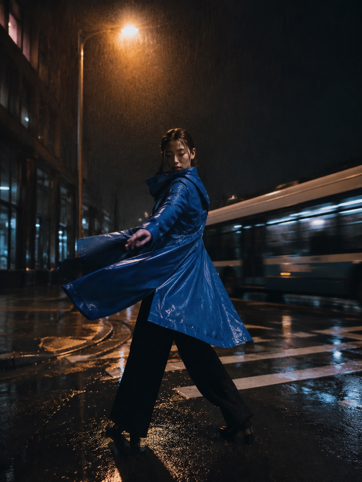 Dancer wearing a cobalt raincoat on a wet city street
