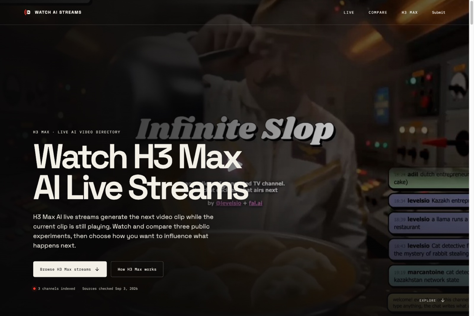 Watch AI Streams directory showing an H3 Max live channel